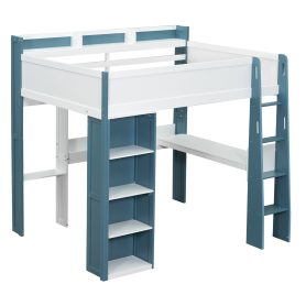 Full Size Wood Loft Bed With Built-in Storage Shelves, Clothes Rails And Desk