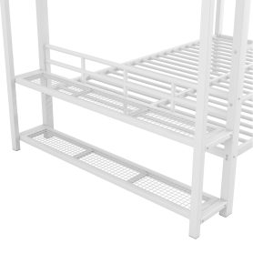 Full Size Metal Bunk Bed With Storage Mesh Shelves, Clothes Hooks And LED Light