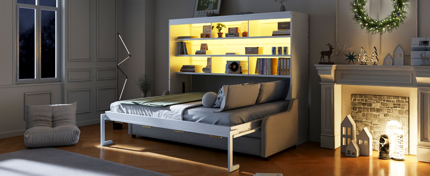 Full Size Murphy Cabinet Bed with Folding Sofa,Built-in Storage Shelves and LED Light 9 Full Size Murphy Cabinet Bed with Folding Sofa,Built-in Storage Shelves and LED Light