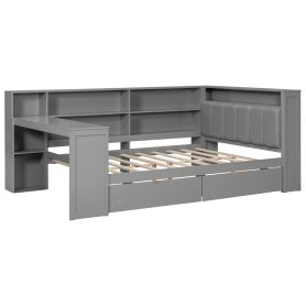 Wood Full Size Platform Bed with Storage Shelves, Drawers, Charging Station, LED, Desk and Upholstered Headboard