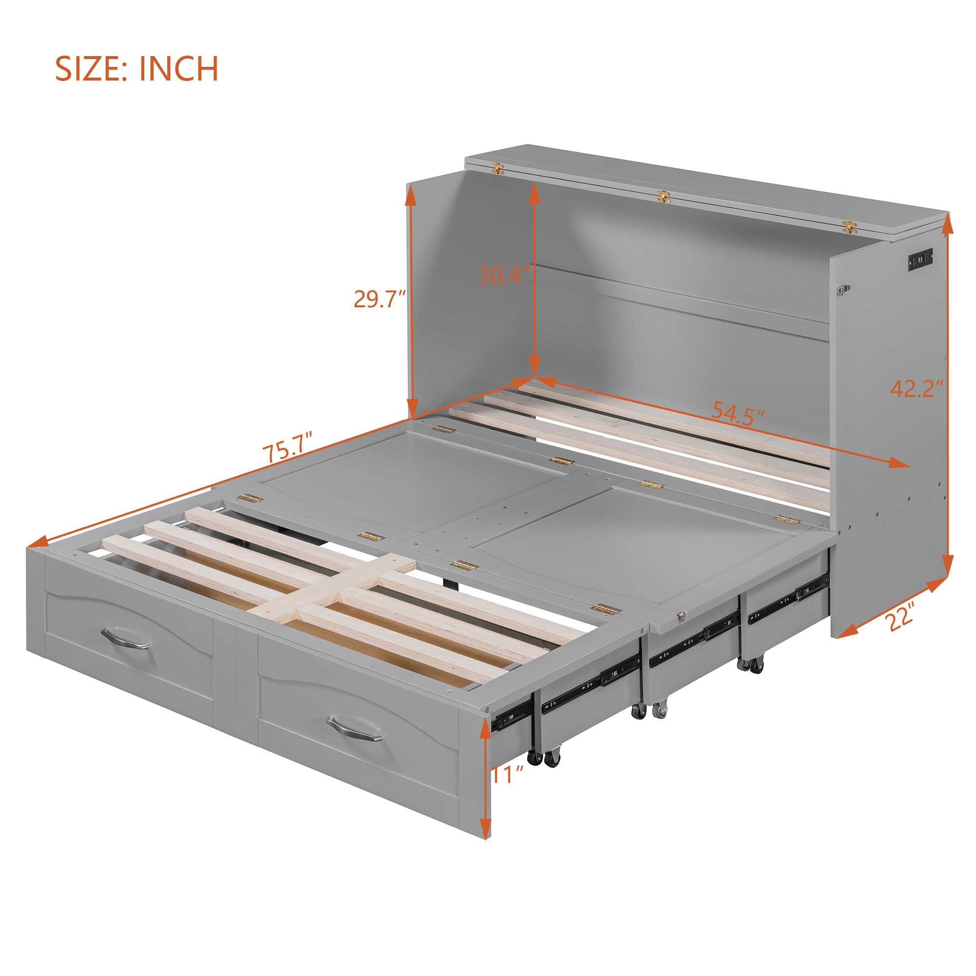 Full Size Wall Bed with drawer and a set of Sockets & USB Ports, Pulley Structure Design 13 Full Size Wall Bed with drawer and a set of Sockets & USB Ports, Pulley Structure Design