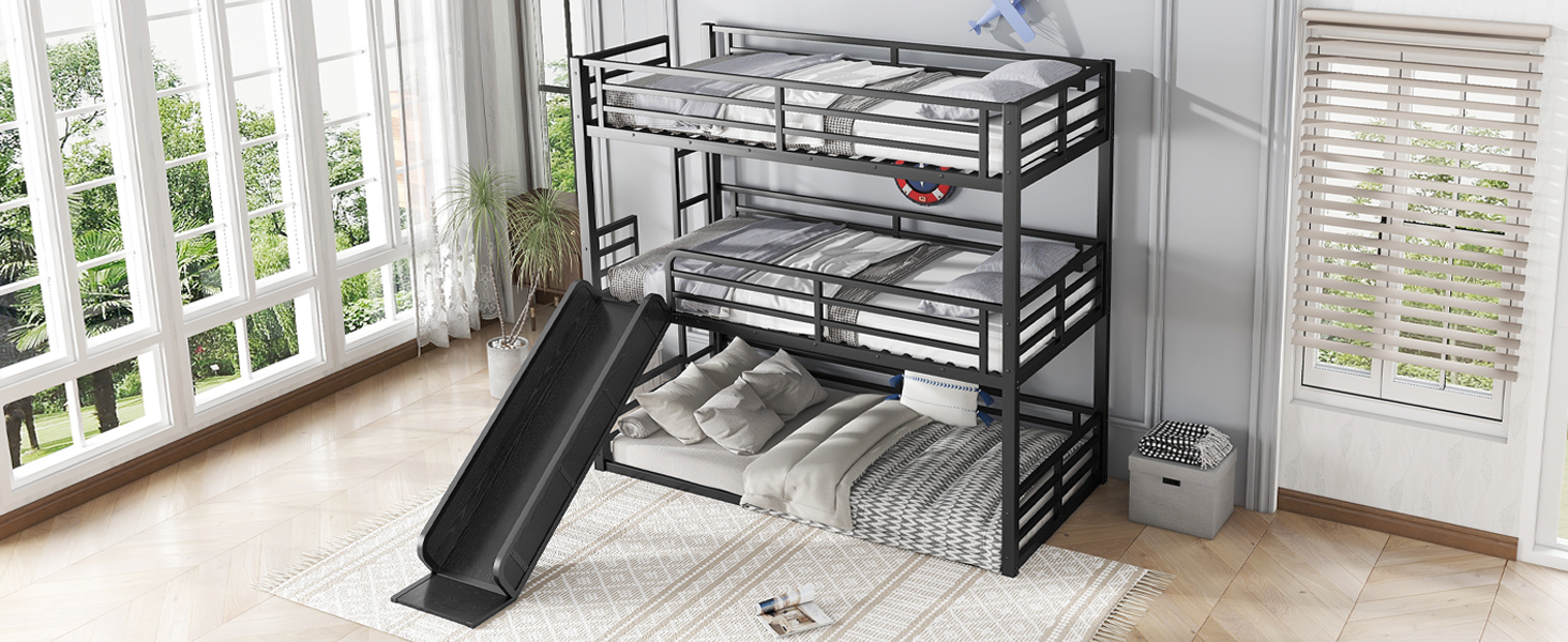 Metal Twin Xl Over Twin Xl Over Twin Xl Bunk Bed With Slide, and Safety Guardrails 19 Metal Twin Xl Over Twin Xl Over Twin Xl Bunk Bed With Slide, and Safety Guardrails