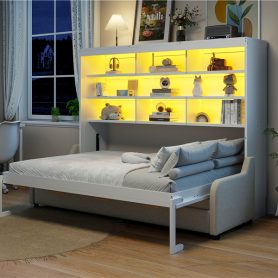 Queen Size Murphy Cabinet Bed with Folding Sofa,Built-in Storage Shelves and LED Light