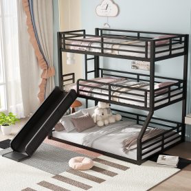 Metal Twin Over Twin Over Full Bunk Bed With Slide and Safety Guardrails