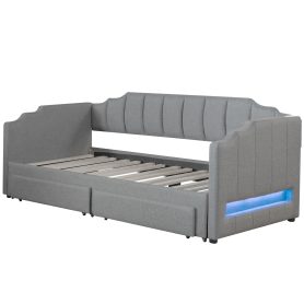 Twin XL Size Extendable Upholstered Daybed with Two Storage Drawers and LED Light