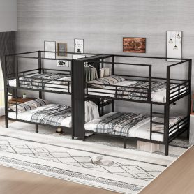 Full Size Quadruple Metal Bunk Bed With Built-in Storage Shelves & Wardrobe