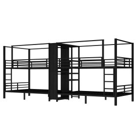 Full Size Quadruple Metal Bunk Bed With Built-in Storage Shelves & Wardrobe