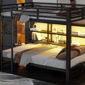 Metal Queen Over Queen Bunk Bed With Storage Cabinets And LED