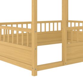 Full Size Wooden Floor Bed with House Roof Frame and Fence Guardrails
