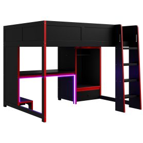 Wood Full Size Gaming Loft Bed With Built-in Desk, Wardrobe, Led And A Drawer