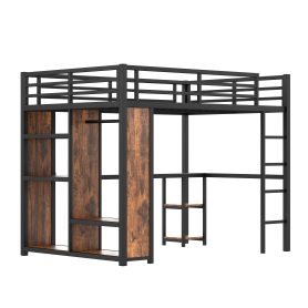 Metal Queen Size Loft Bed Frame with Built-in Wardrobe,  Desk and Storage Shelves