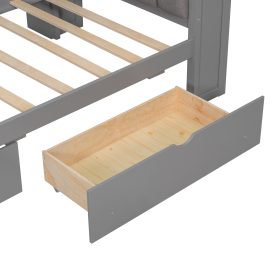 Wood Twin Size Platform Bed with Storage Shelves, Drawers, Charging Station, LED, Desk and Upholstered Headboard