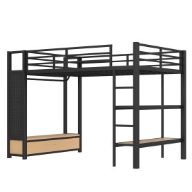 Metal Full Size Loft Bed Frame With Wardrobe, Storage Shelves And Pegboard