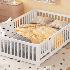 Full Size Floor Bed with Safety Guardrail and Door