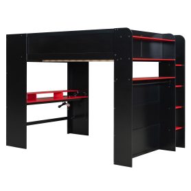 Full Size Wood Bunk Bed with height-adjustable Desk,Wardrobe,Ample Storage Space,and RGB Light
