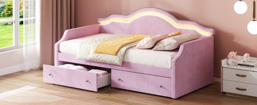 Twin Size Upholstered Daybed with LED and 2 Drawers