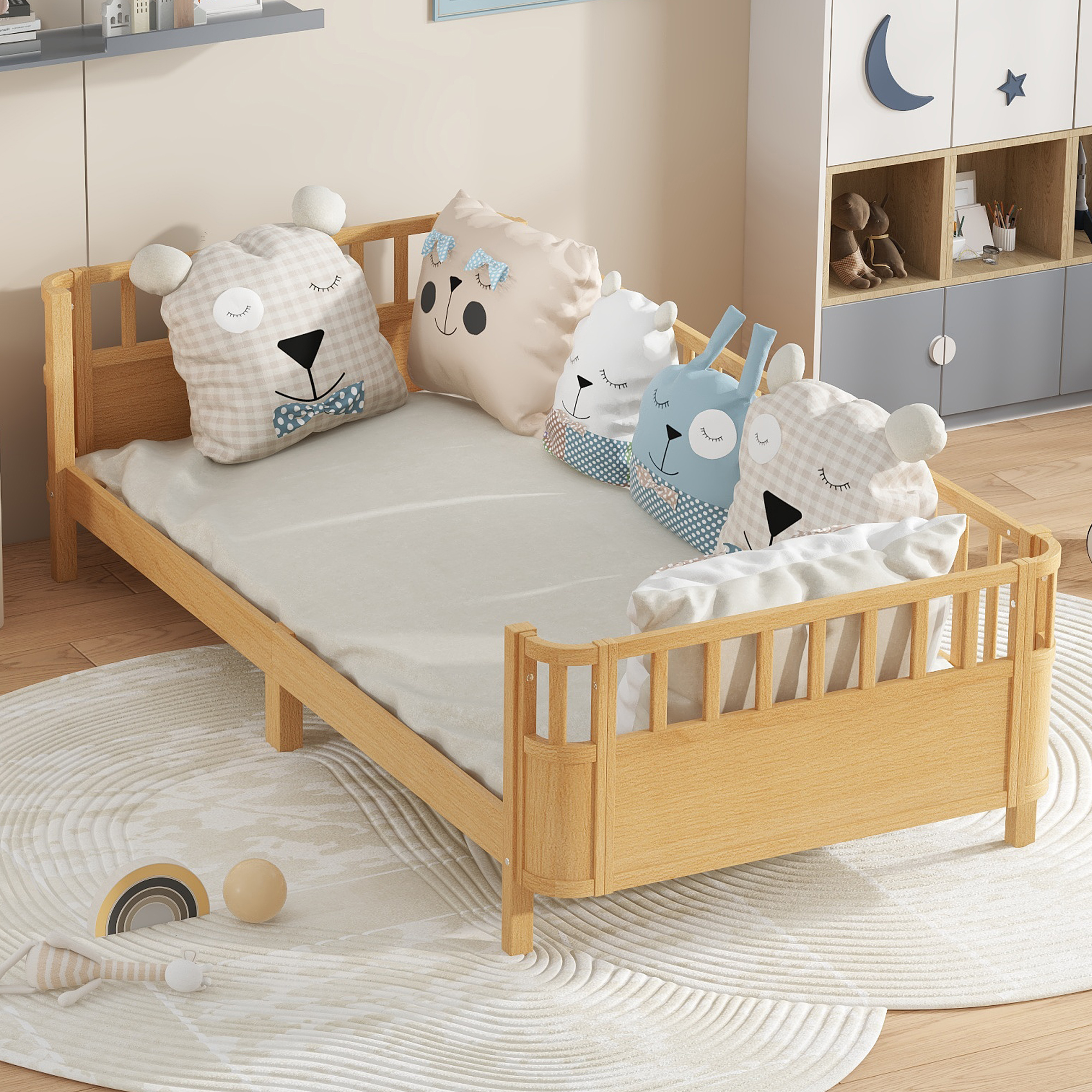 Twin XL Size Wood Platform Bed with Safety Guardrails And Detachable Fence