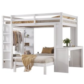 Solid Wood Queen Over Twin Bunk Bed With Dismountable Lower Bed, Desk, Built-in Shelves And Wardrobe