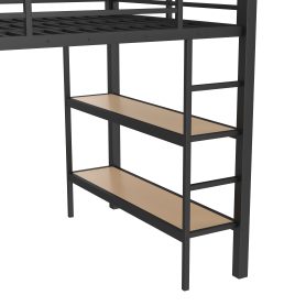 Metal Full Size Loft Bed Frame With Wardrobe, Storage Shelves And Pegboard