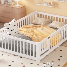 Full Size Floor Bed with Safety Guardrail and Door