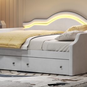 Full Size Upholstered Daybed with LED and 2 Drawers