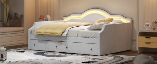 Full Size Upholstered Daybed with LED and 2 Drawers