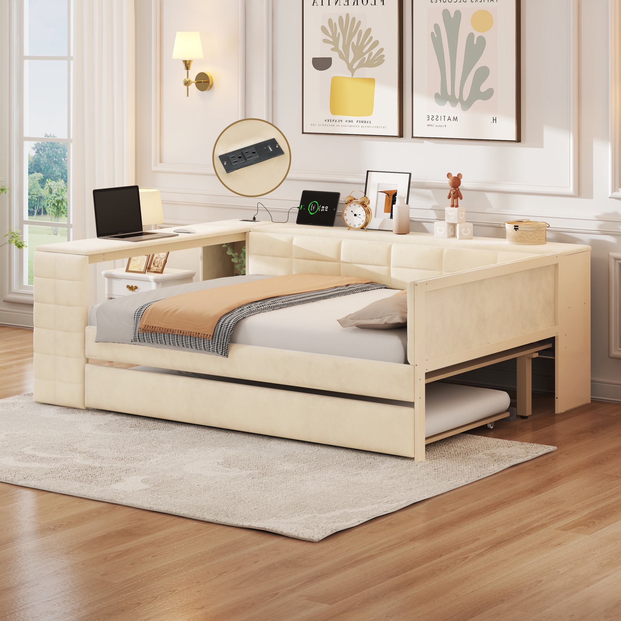 Full Size Upholstered Platform Bed with Storage Shelves, Desk, Charging Station and Trundle 4 Full Size Upholstered Platform Bed with Storage Shelves, Desk, Charging Station and Trundle