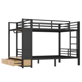 Metal Full Over Full Size Bunk Bed With Storage Shelves, Drawers and Pegboard