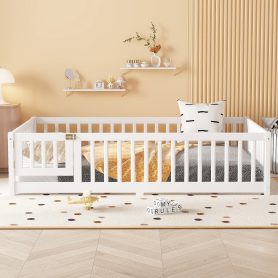 Full Size Floor Bed with Safety Guardrail and Door