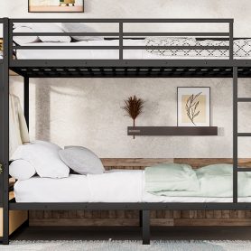 Metal Queen over Queen Size Bunk Bed with Storage Shelves, Drawers and Pegboard