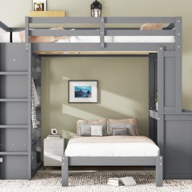 Solid Wood Full Xl/Full Over Twin Bunk Bed With Dismountable Lower Bed, Desk, Built-in Shelves And Wardrobe