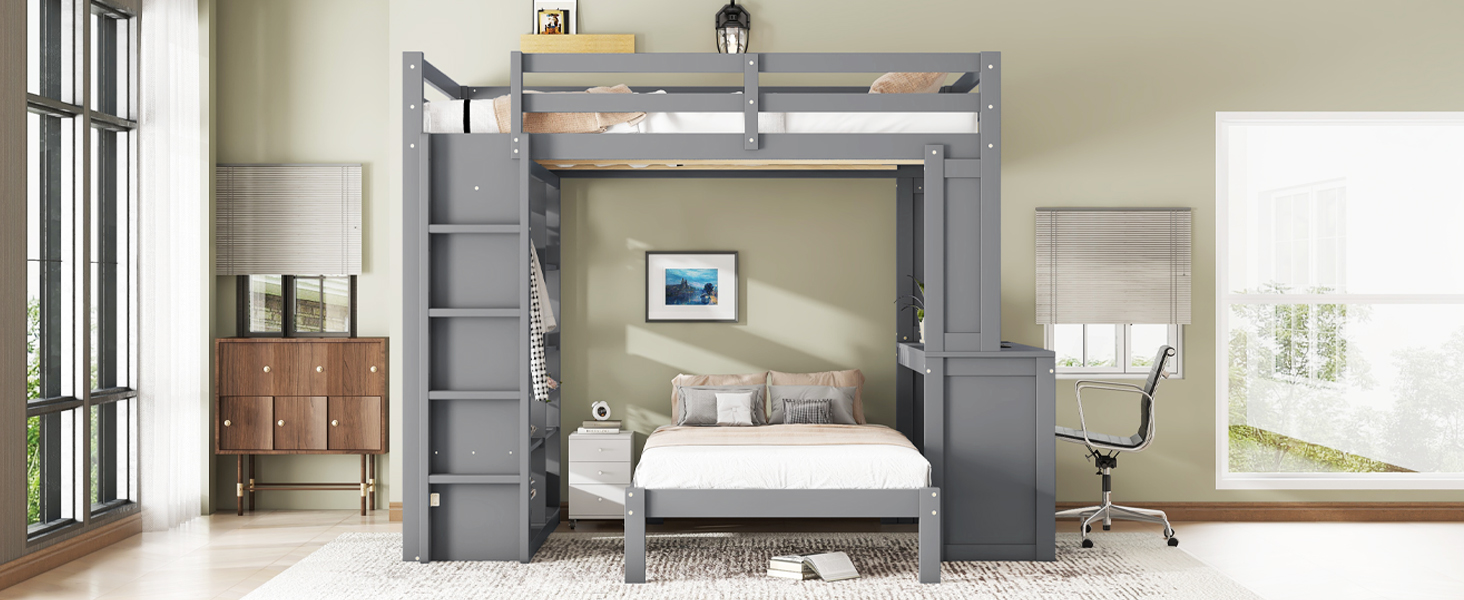 Solid Wood Full Xl/Full Over Twin Bunk Bed With Dismountable Lower Bed, Desk, Built-in Shelves And Wardrobe