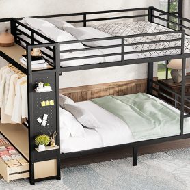 Metal Queen over Queen Size Bunk Bed with Storage Shelves, Drawers and Pegboard
