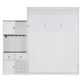 Queen Size Murphy Bed With Storage Cabinet, Wine Rack, Glass Holder, Drawers And Multi-color LED Strip