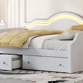 Full Size Upholstered Daybed with LED and 2 Drawers