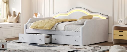 Full Size Upholstered Daybed with LED and 2 Drawers
