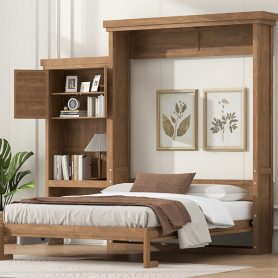 Queen Size Murphy Bed with Multiple Storage Shelves and Louvered Style Decoration