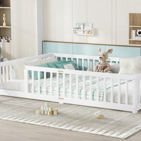 Queen Size Floor Bed with Safety Guardrail and Door