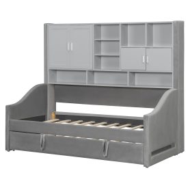 Twin Size Upholstered Daybed with LED Armrest Lights, Storage Shelves & Cabinets