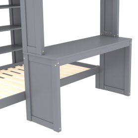 Solid Wood Full Xl/Full Over Twin Bunk Bed With Dismountable Lower Bed, Desk, Built-in Shelves And Wardrobe