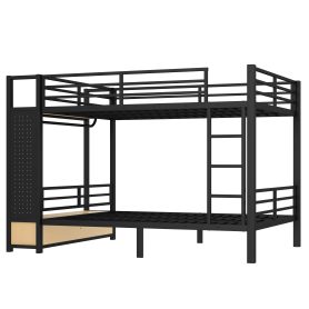 Metal Queen over Queen Size Bunk Bed with Storage Shelves, Drawers and Pegboard