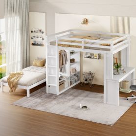 Solid Wood Queen Over Twin Bunk Bed With Dismountable Lower Bed, Desk, Built-in Shelves And Wardrobe