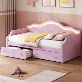 Twin Size Upholstered Daybed with LED and 2 Drawers