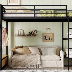 Metal Queen Size Loft Bed Frame With Wardrobe, Storage Shelves And Pegboard