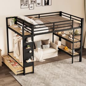 Metal Full Size Loft Bed Frame With Wardrobe, Storage Shelves And Pegboard