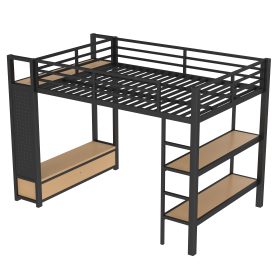 Metal Full Size Loft Bed Frame With Wardrobe, Storage Shelves And Pegboard
