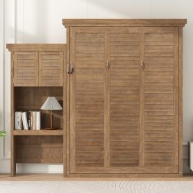 Queen Size Murphy Bed with Multiple Storage Shelves and Louvered Style Decoration
