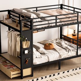 Metal Full Over Full Size Bunk Bed With Storage Shelves, Drawers and Pegboard