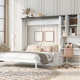 Multi-Functional Murphy Bed with Sofa, Desk, and Storage Cabinet, Queen Size