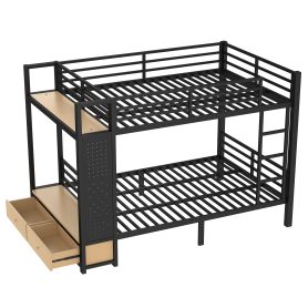 Metal Full Over Full Size Bunk Bed With Storage Shelves, Drawers and Pegboard